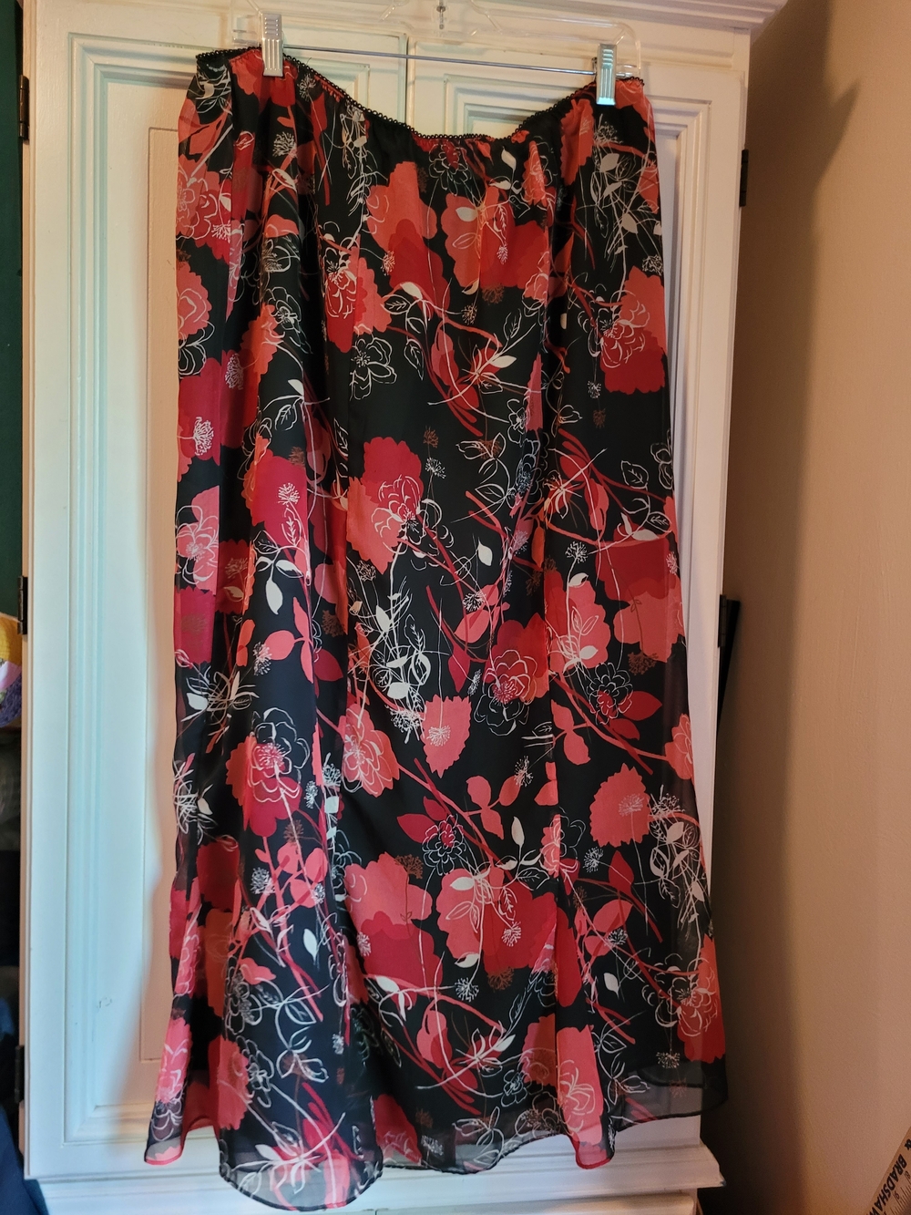 George Black Maxi Skirt with Red/Coral Floral Print